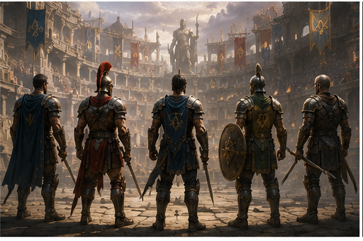 Gladiators from many kingdoms standing together beneath Arena banners