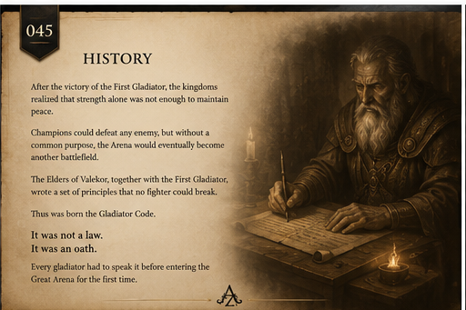 An elder warrior recounting the origins of the Gladiator Code beside an ancient brazier