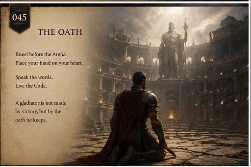 A gladiator kneeling before the sacred flame to swear the Arena oath