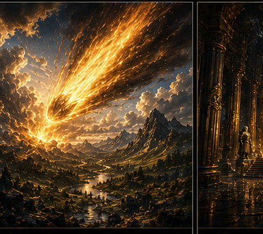 A celestial star falling into ancient Valekor and releasing golden fire