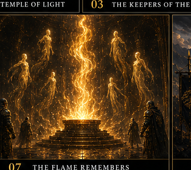 A Guardian kneeling before the Eternal Flame to swear the sacred oath