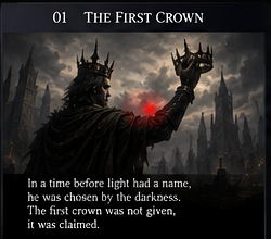 The Shadow King wearing the first crown in a hall of darkness