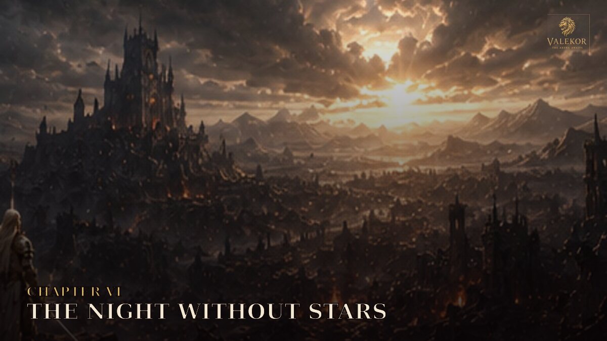 A battlefield covered by ash before a starless dawn