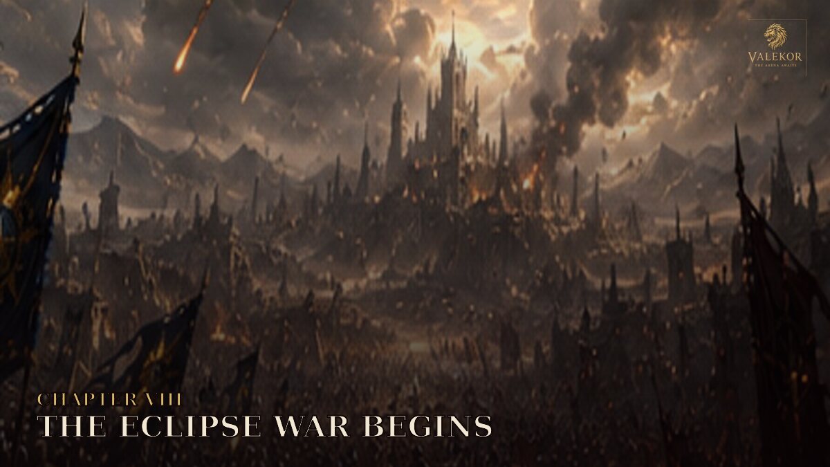Armies meeting beneath a broken eclipse sky