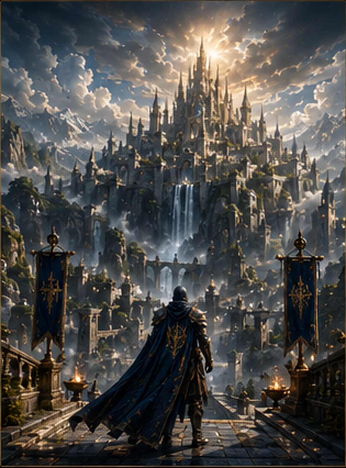 The Sacred Citadel rising through waterfalls and the Celestial Mountains