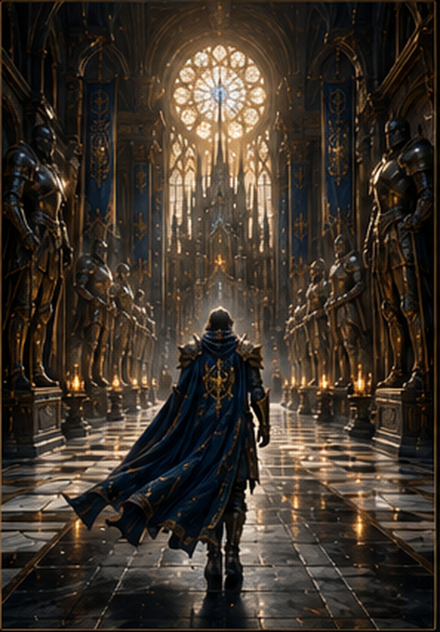 The Hall of Heroes lined with statues and memory crystals